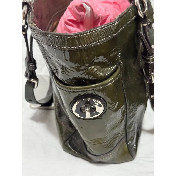 Coach Olive Green Patent Leather Tote With Adjustable Shoulder Strap & Side Buck - Picture 7 of 15